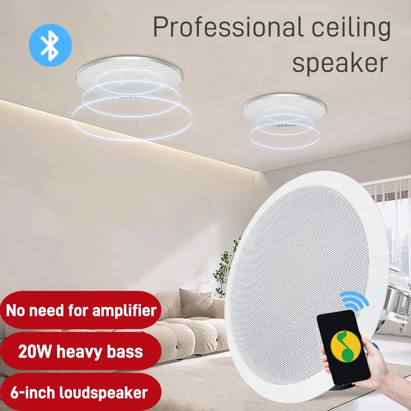 High Quality BT5.0 Wireless Bluetooth Ceiling Speakers Smart HIFI Home Theater 20W Metal Grill Ceiling Speaker System Frameless