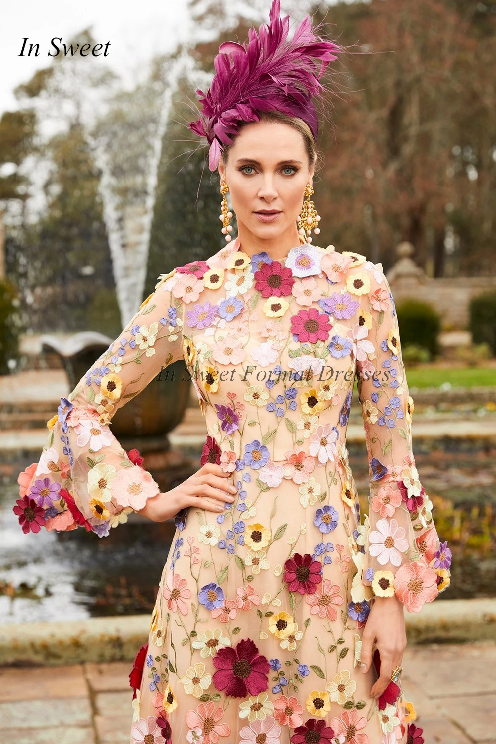 Stylish Jewel 3D Floral Mother of Bride Dresses A-line Tea Length Flowers Wedding Guest Gown with 3/4 Sleeve Mother's Party Wear