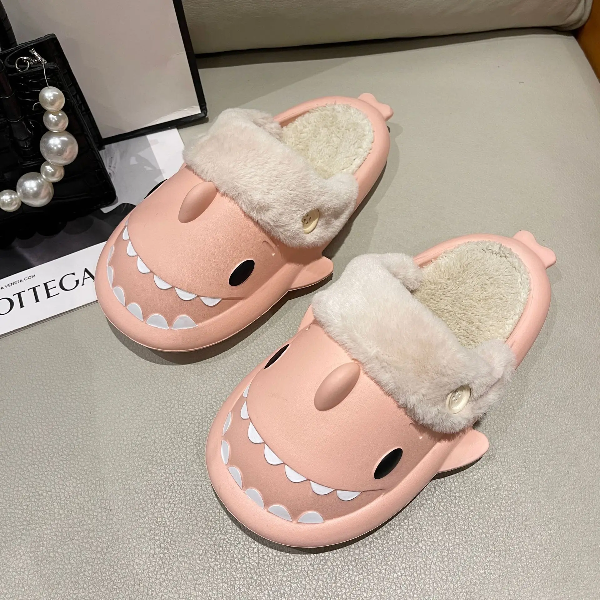 Winter Shark Slippers Woman Cotton Waterproof Sandals Indoor Non-slip Slides Plush Home Warm Couple Shark Flip Flops Flat Shoe 5