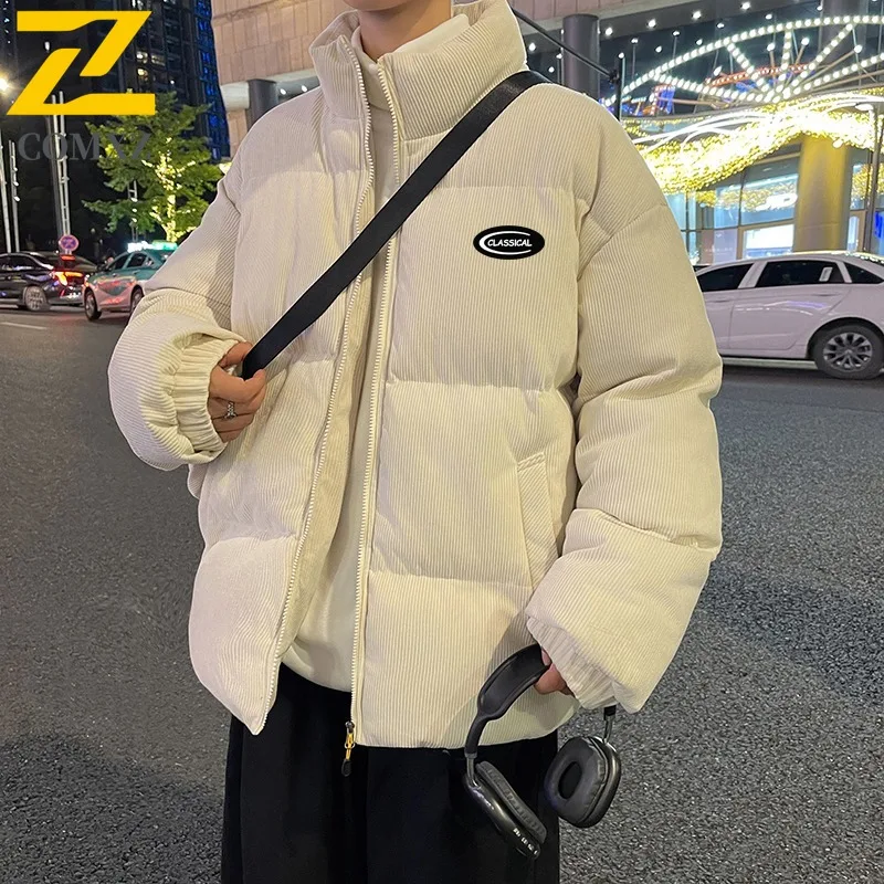 COMXZ Men Corduroy Cotton Coat Autumn Winter Loose Fit Big Size Hong Kong Style Trend Casual Thermal Front Magic Sticker Coat