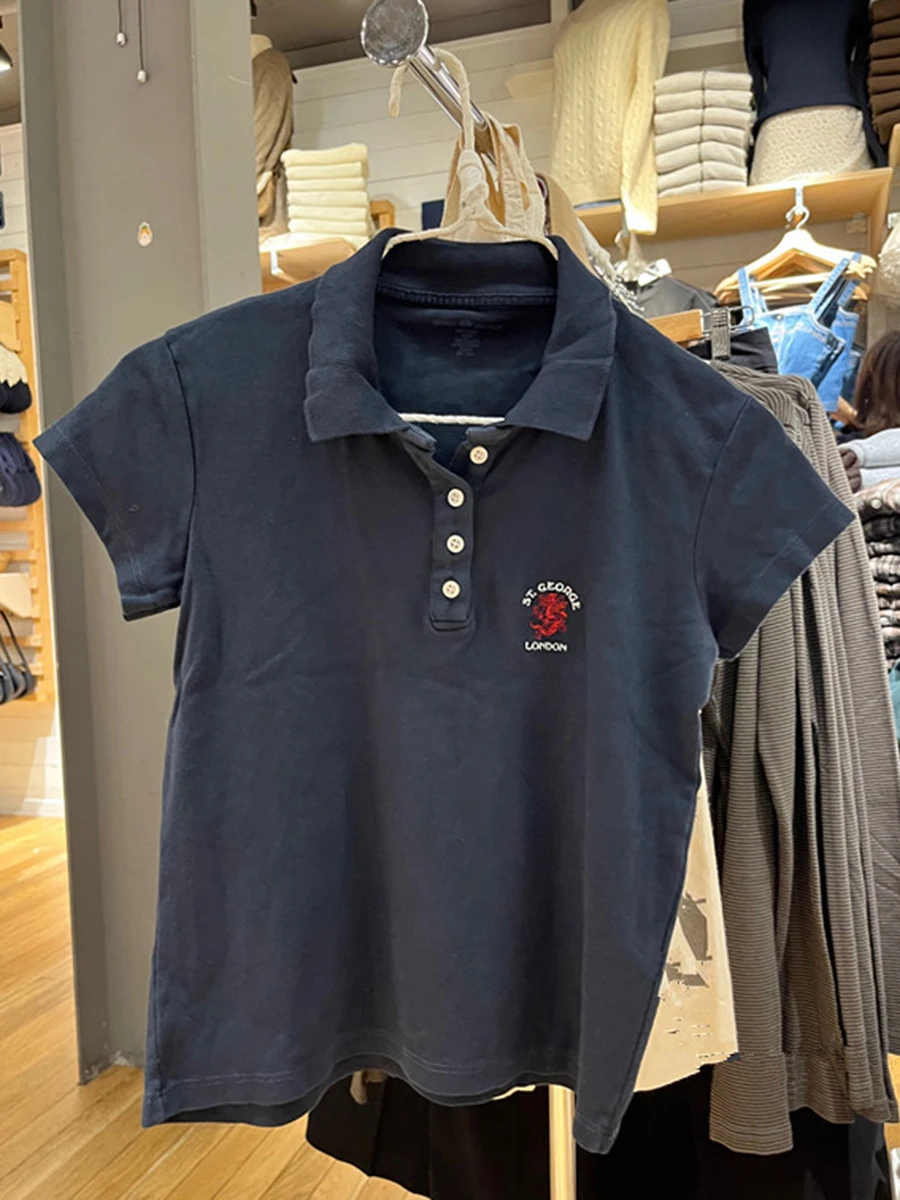 

Женские хлопковые футболки с вышивкой дракона, летние футболки в стиле преппи с отложным воротником, Женская винтажная уличная одежда, топы с коротким рукавом