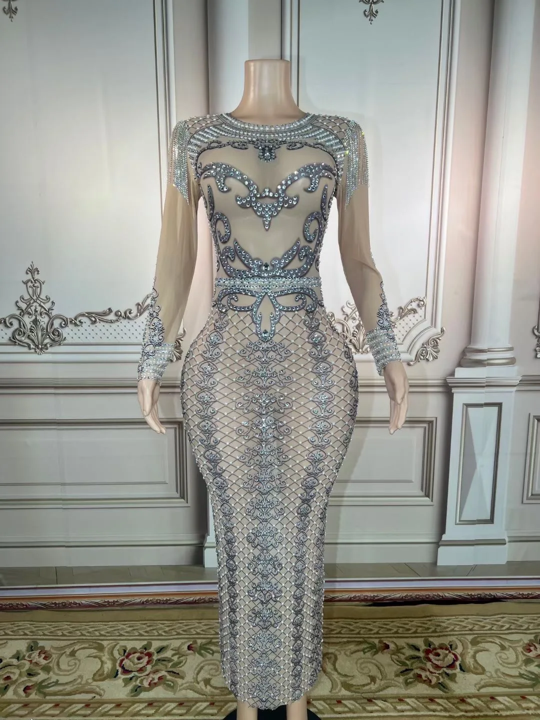 

Nude Shining Pearls Rhinestones Long Sleeves Sexy Perspective Dress For Women Evening Banquet Clothing Singer Stage Costume