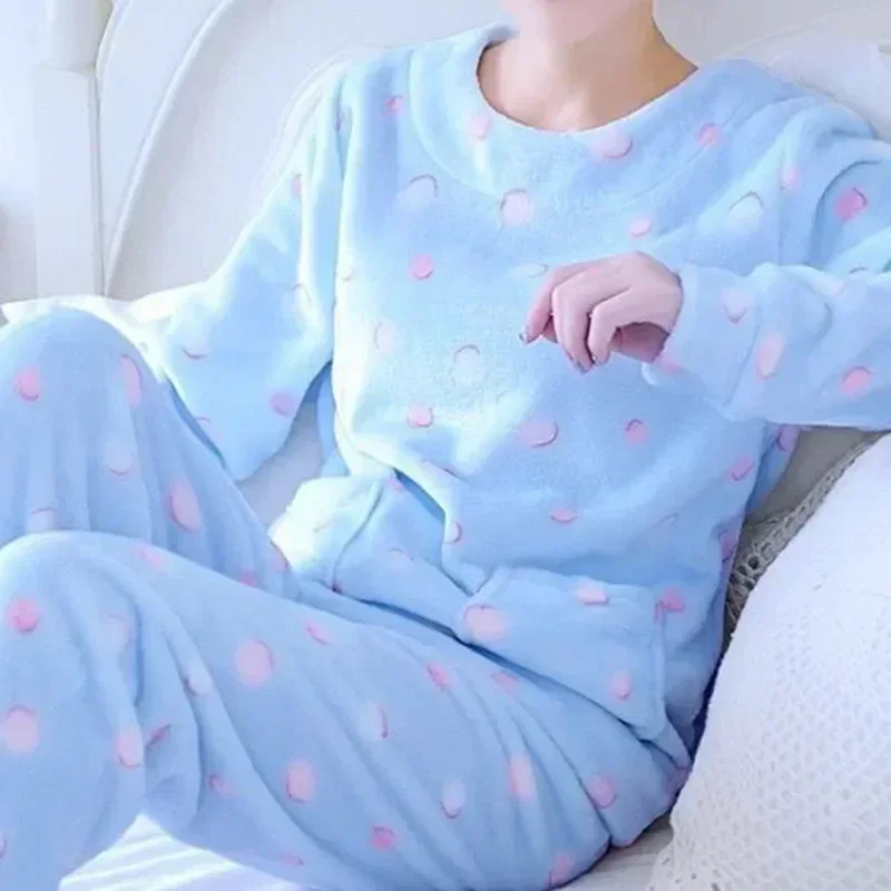 thumbnail image 1 of Conjunto de pijamas de manga larga para mujer, ropa de dormir delgada, cálida, Coral, gruesa, franela de terciopelo de dibujos animados, Otoño e Invierno, 1 of 5