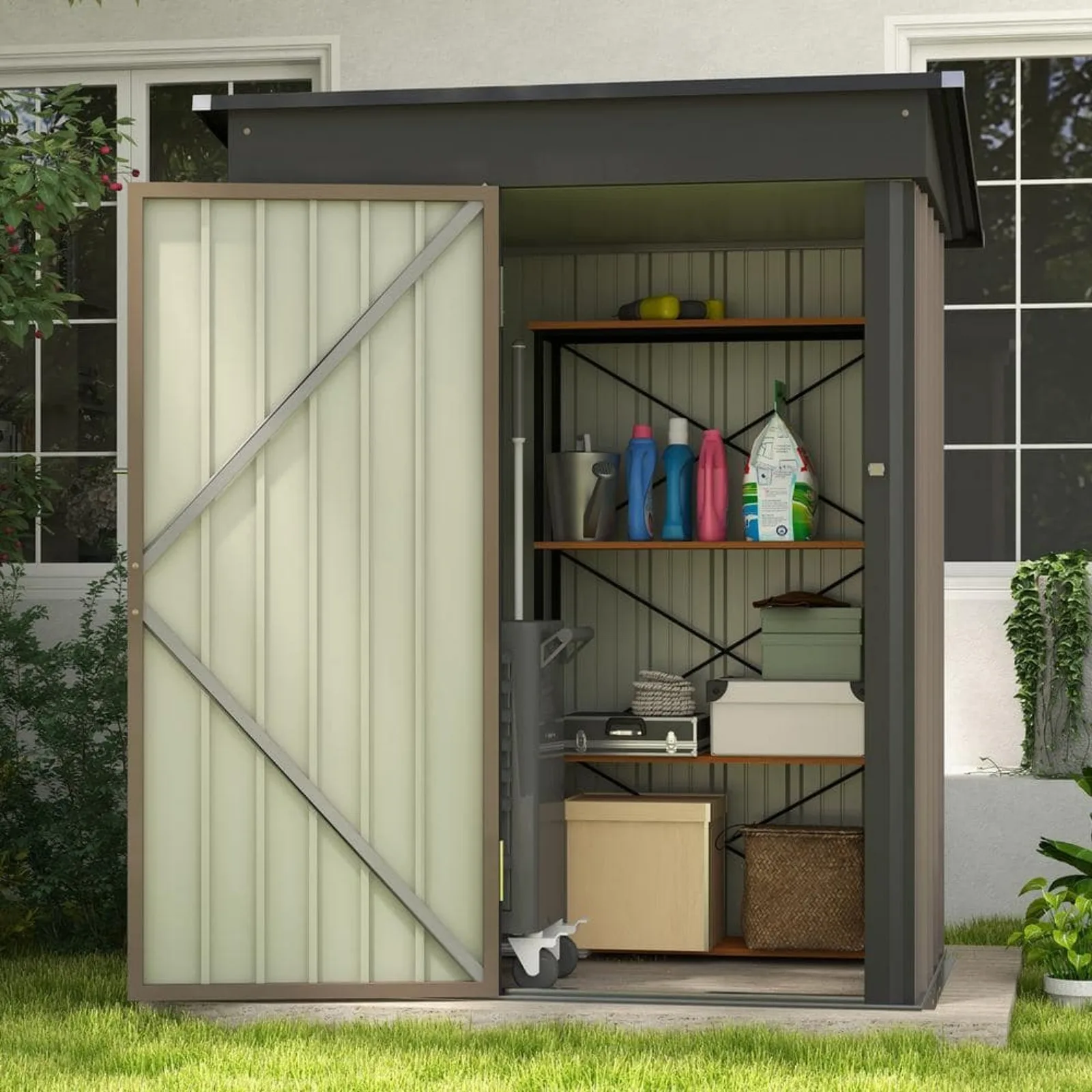 US D Outdoor Storage Brown Metal Shed with Sloping Roof and Double Lockable Door
