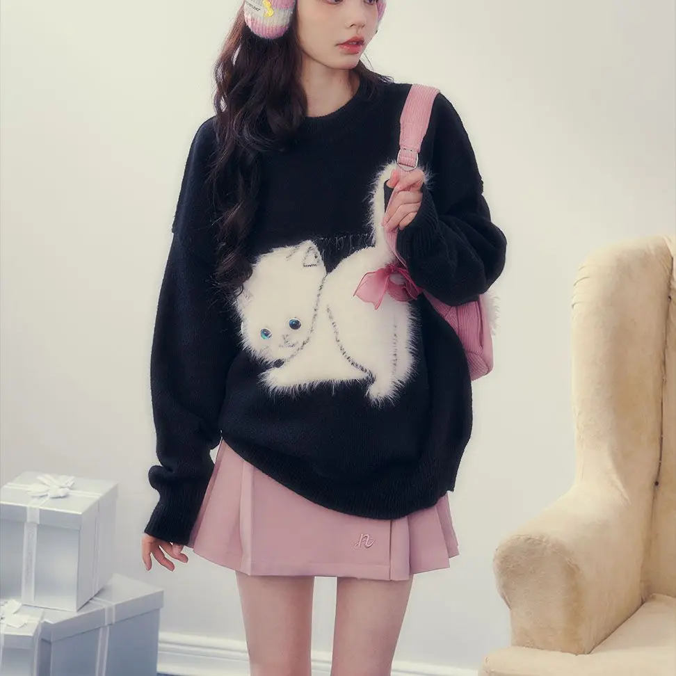 thumbnail image 1 of Suéter con estampado de gato kawaii para mujer, jersey rojo navideño con lazo y cuello redondo, suéter Y2k para mujer, top de punto estilo japonés dulce y preppy, 1 of 5