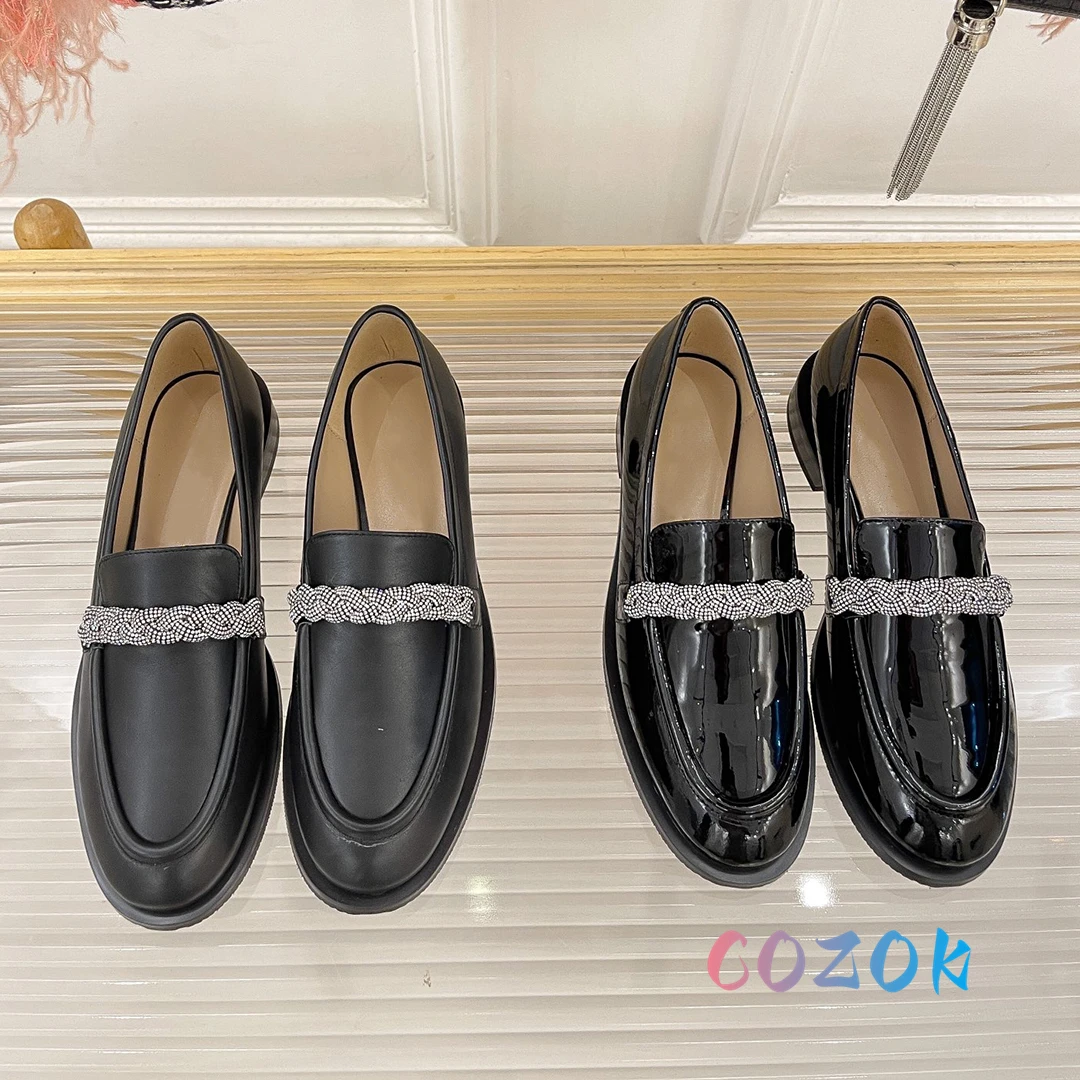 planos de cuero negro brillante con cadena de cristal para mujer, zapatos informales de punta redonda de cuero Real, cómodos, para caminar| | - AliExpress