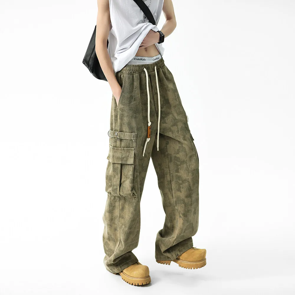 Pantaloni cargo da lavoro mimetici militari da uomo Cintura elastica con coulisse Pantaloni da jogging tattici Gamba dritta ampia Tasche laterali grandi da esterno - immagine 5