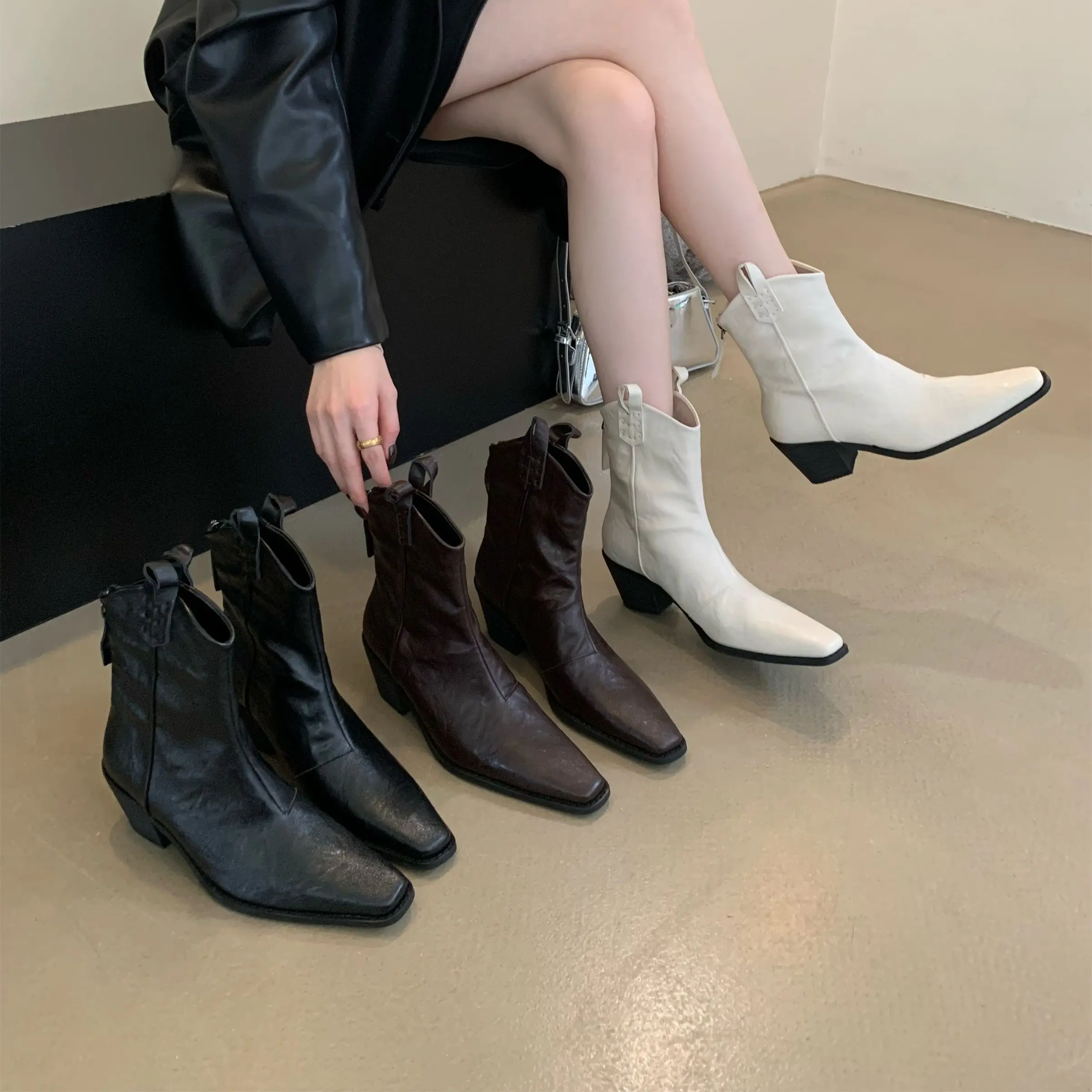 

Bailamos Winter Women Ankle Boot Shoes Fashion Square Low Heel Western Cowgirl Shoes Ladies Elegant Short Boots Dress Shoes Muje