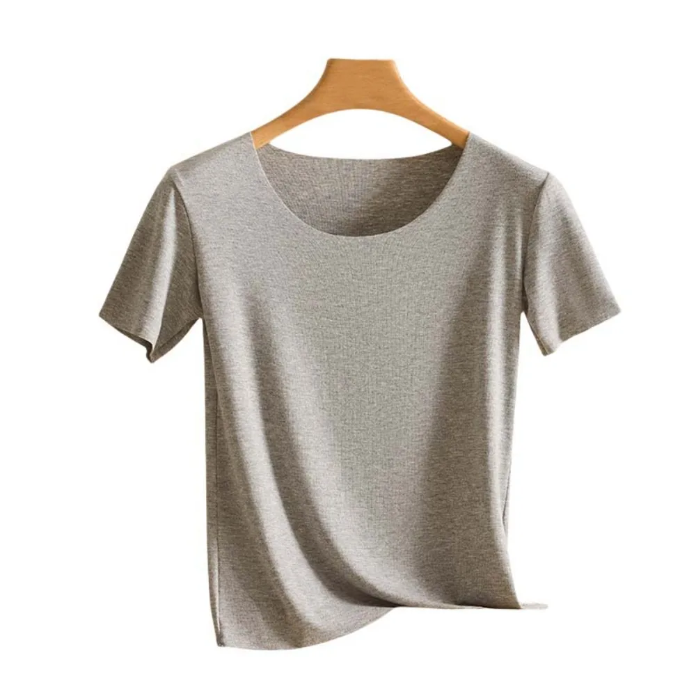 U Round Neck Women Thin T-shirts Korean Style Solid Color Female Crop Tops Undershirt Short Sleeved Base Shirt Spring Summer
