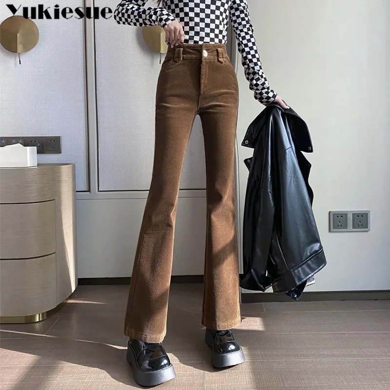 

Corduroy Bell-Bottom Pants Women`s Western Style High Waist Pocket Slim Body Long Micro Flared Casual Leggings