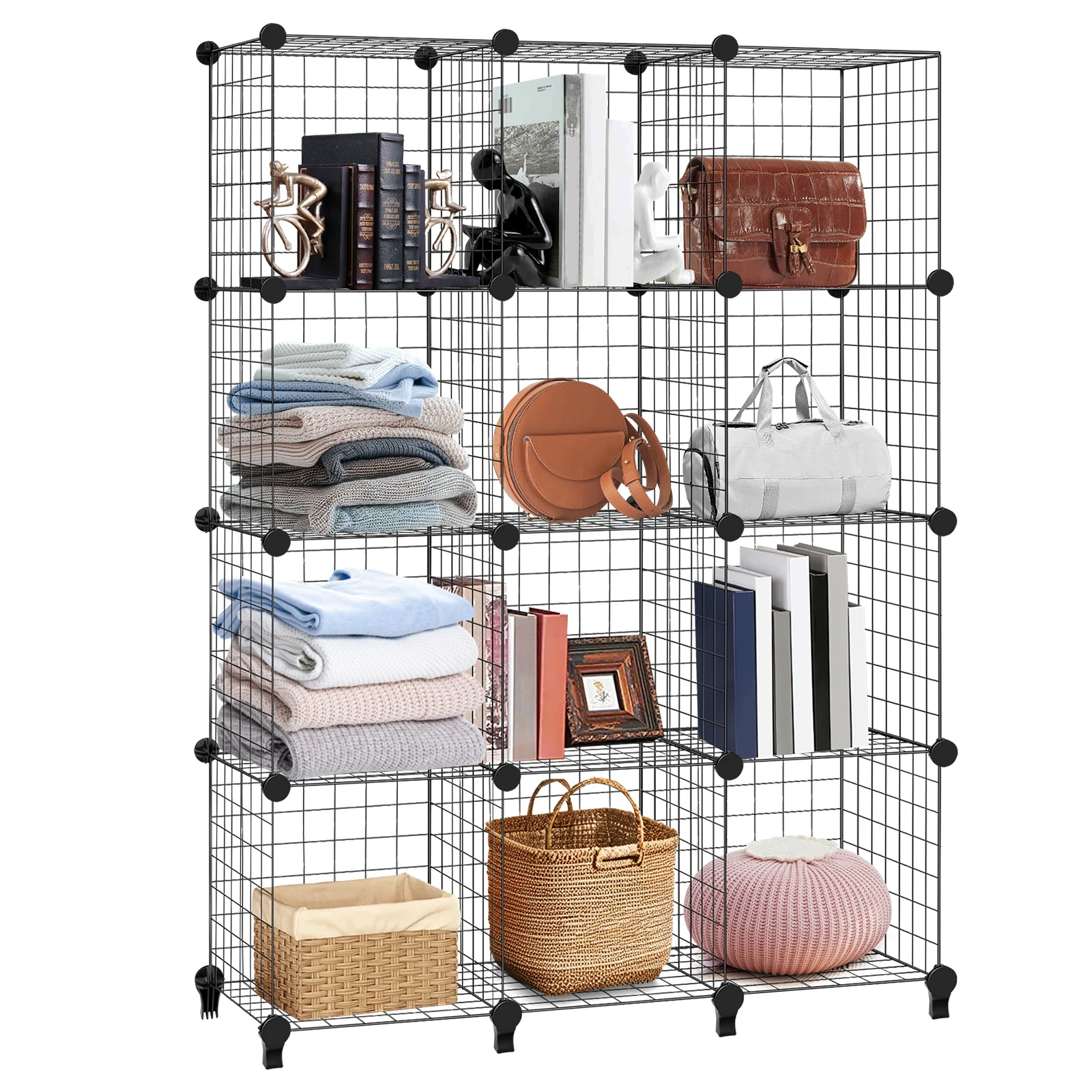 EFAN 12 Cube Wire Shelving Unit Rack Organizer Bookshelf Storage Metal Black,Metal Grids Bookcase DIY Interlocking Shelving Unit