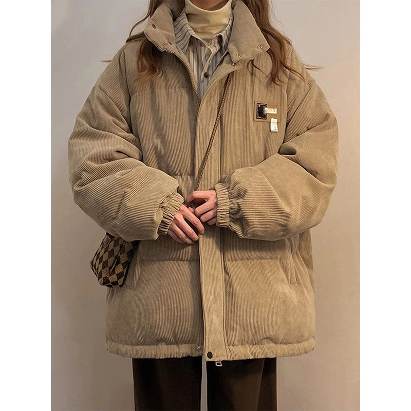 Parkas en velours côtelé pour femmes, Doudoune respirante, Streetwear d'hiver, Doudoune optique chaude, Poches coréennes, Coton rembourré, Nouveau 1