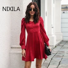 New Style Satin Word Collar Bubble Sleeve French Long Sleeve Dress Female  Dress  Dress Red  Dresses Women  Woman Dress  Dresses