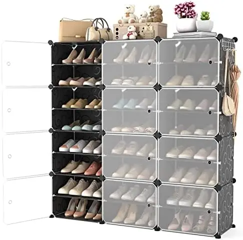 

Shoe Organizer with Door, 80 Pairs Shoe Storage Cabinet Easy Assembly, Plastic Adjustable Shoe Storage Organizer Stackable Deta