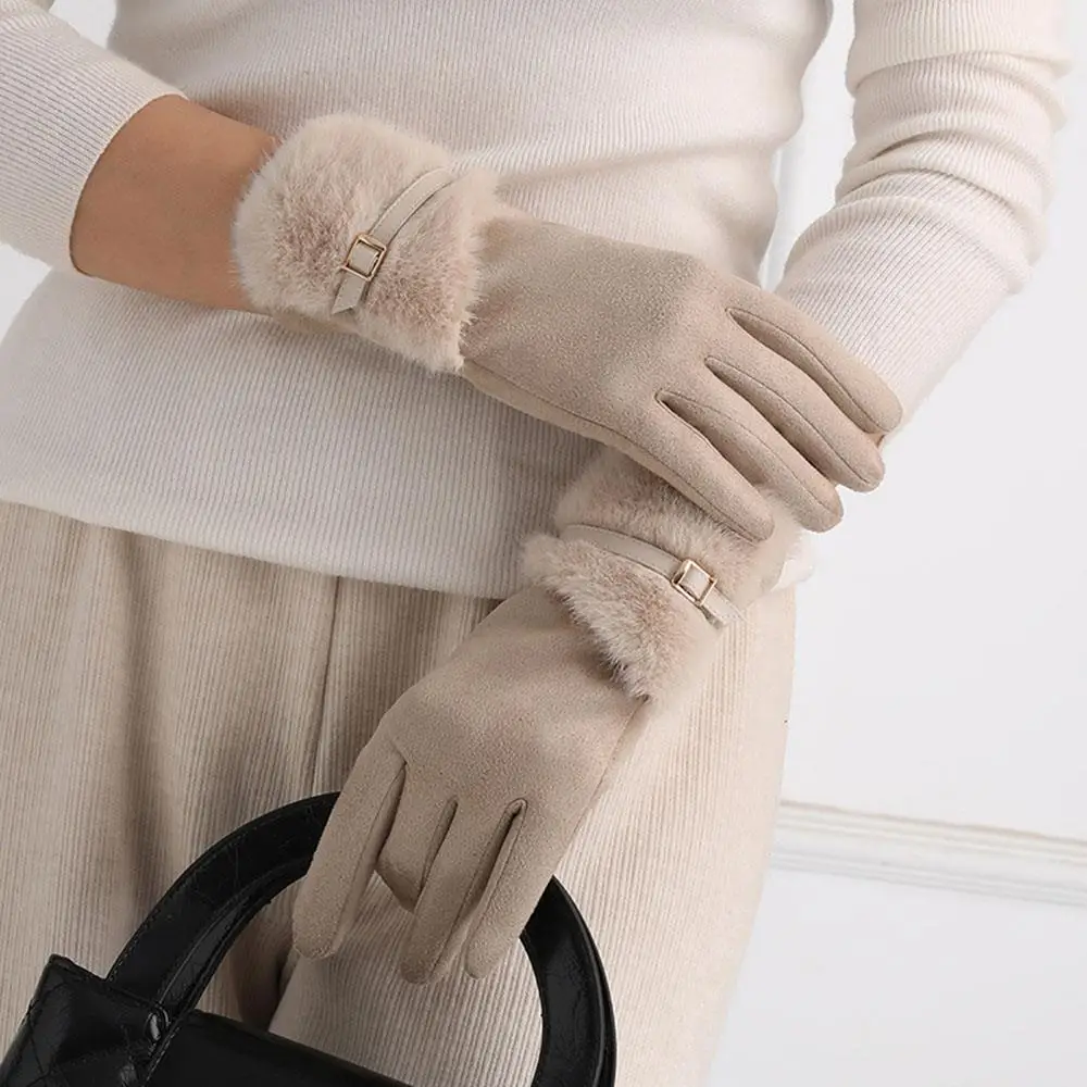 Winter Thick Plush Gloves For Women Fleece Lining Windproof Warm Touch Screen Wrist Gloves Lady Outdoor Driving Cycling Mittens