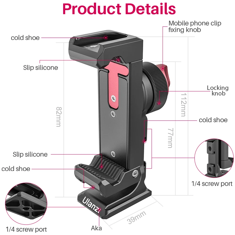 Ulanzi ST-27 Metal Vertical Shooting Phone Mount Holder Clip with Cold Shoe for Rode Wireless Go Microphone Video Light Vlog