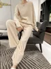 SZDYQH 100% Merino Wool Suit Autumn/Winter New Fashion Two-Piece Set Women's Round Neck Pullover Casual High Waisted Pants Suit 1