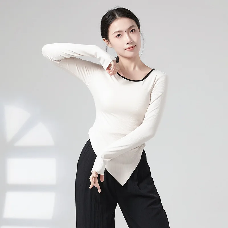 Adult Slim Fit Slant Neck Asymmetric Hem Slit Long Sleeve Belly Dance T Shirt Costume for Women Dancing Clothes Dance Clothing