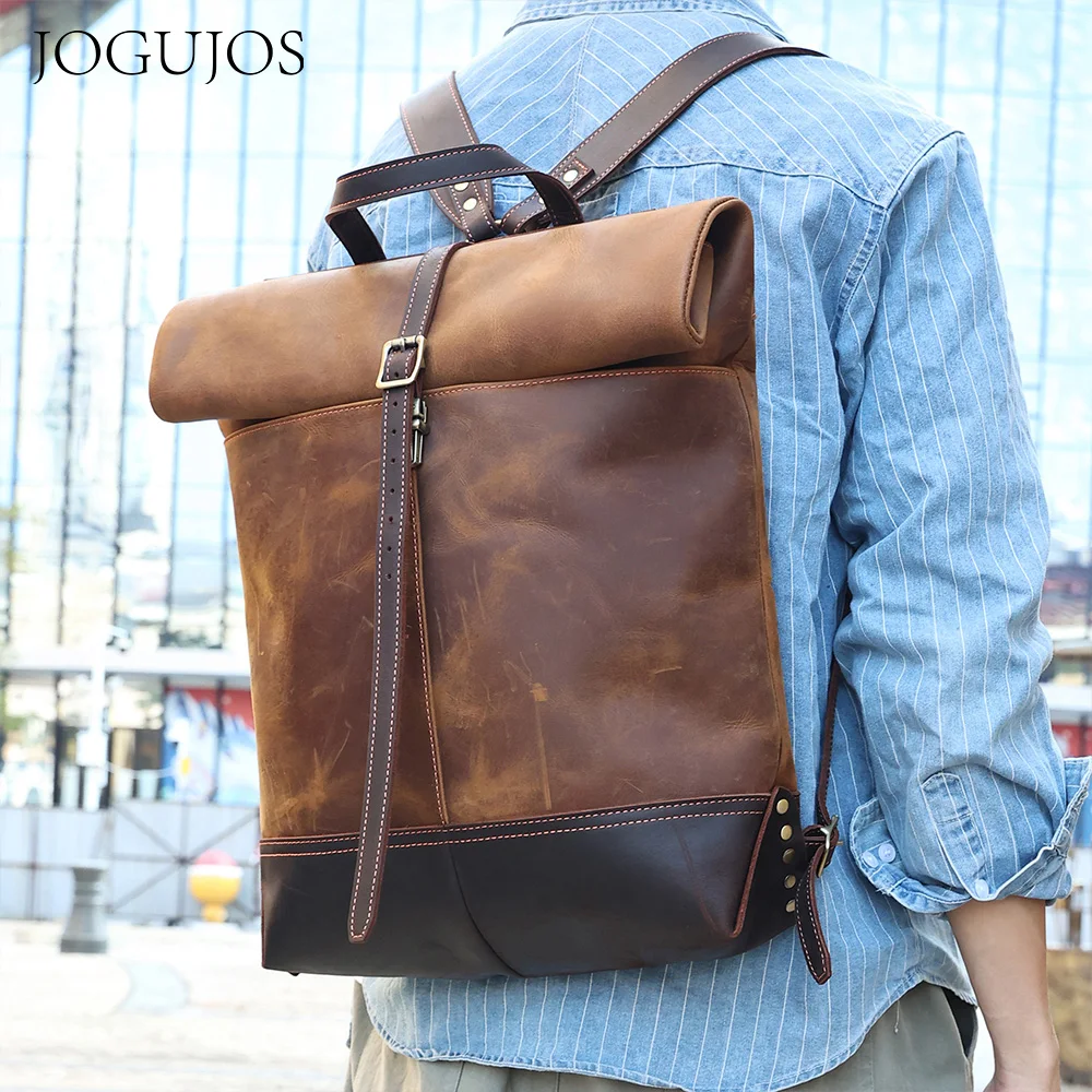 

JOGUJOS Vintage Genuine Cowhide Leather Men's Backpack for 15.6" Laptop Travel Bag Large Capacity Bag with YKK Zipper Daypack