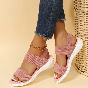 Women's Knit Elastic Cloth Wedge Sandals Slip On Lightweight Walking Sandals Women Plus Size Comfortable Summer Shoes Woman 2023 1