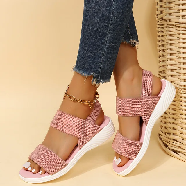 Sandales à Semelles Compensées en Tricot artificiel astique pour Femme, Chaussures de Marche Légères, Confortables, Grande Taille, Été 2023 1