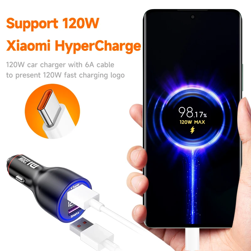 Xiaomi 120W Car Charger 6A Fast Charging Turbo Charge Adapter LED