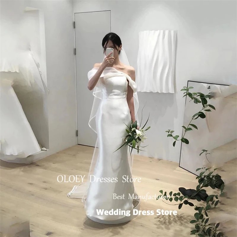 

OLOEY Simple One Shoulder Mermaid Wedding Dresses Short Sleeve Elegant Korea Bride Gown Belt Corset Back Bridal Party Gown