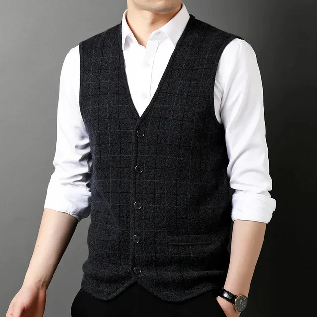 wool Men's clip color vest 2024 autumn and winter new casual V-neck men's cardigan knitted