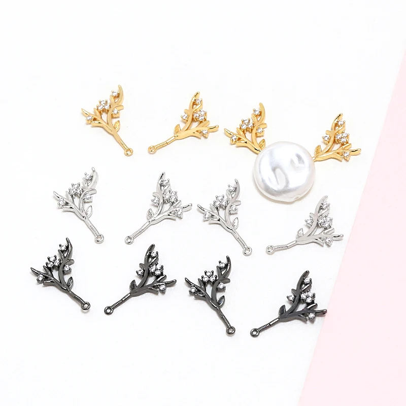 

1 pair copper plated real gold inlaid zircon antlers DIY jewelry discovery headdress baroque pearl pin accessories materials