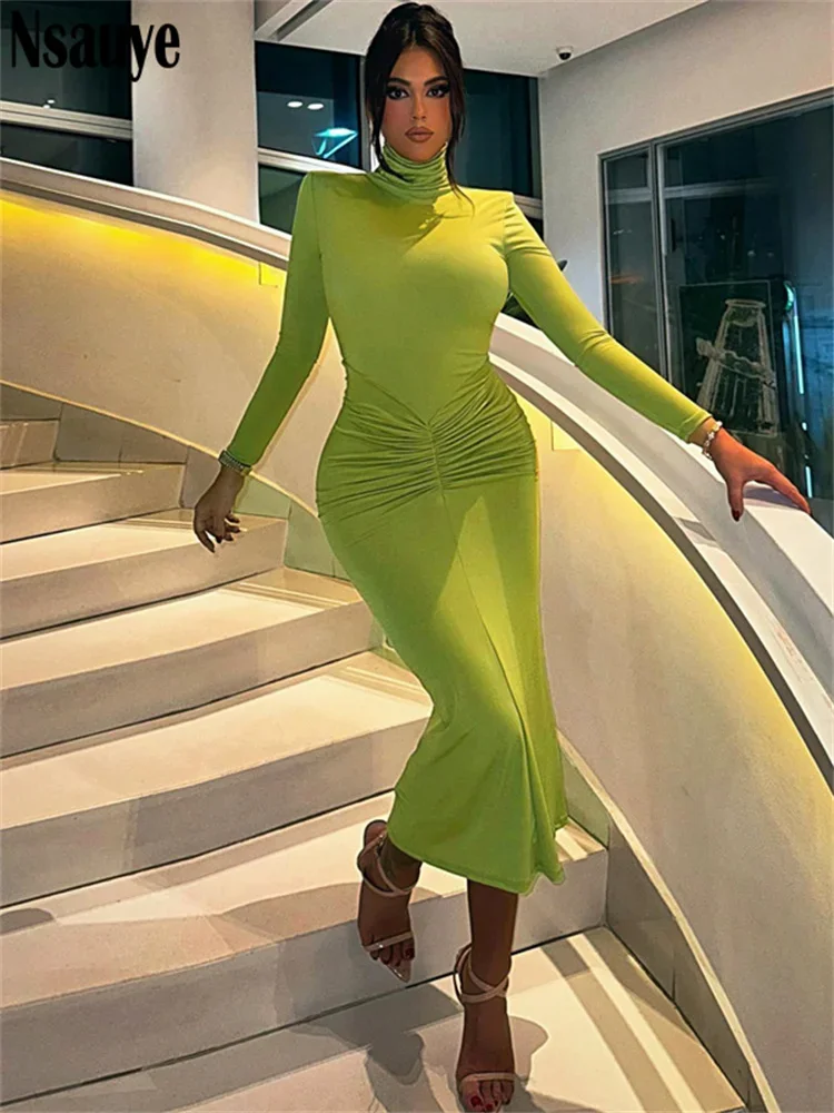 Nsauye 솔리드 파티 터틀넥 긴팔 원피스, 여성 플리츠 슬림 롱, 오피스 레이디 스트리트웨어, 2023 겨울