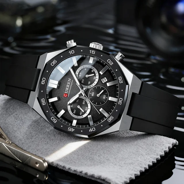 CURREN Men's Sports Chronograph Wristwatch with Black Silicone Band Auto Date Luminous Hands 82g Light Quartz Watch for Men