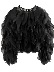 Vintage Patchwork Ruffle Blouse - Elegant Lantern Sleeve O-Neck Women's Fashion Top - M (Black)