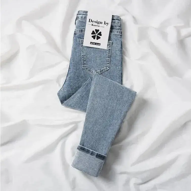 Autumn Winter New Fashion High Waist Solid Button Jeans Women's Clothing Korean Pockets Button Casual Slim Thicken Pencil Pants 5