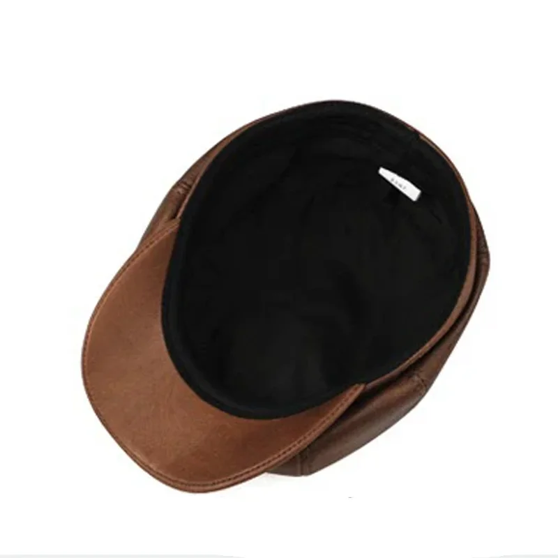 Retro Brown Hats Men Spring/Winter 100% Real Leather Warm Cap Male Beret Painter Boina Cowhide Octagonal Casquette High Quality 4