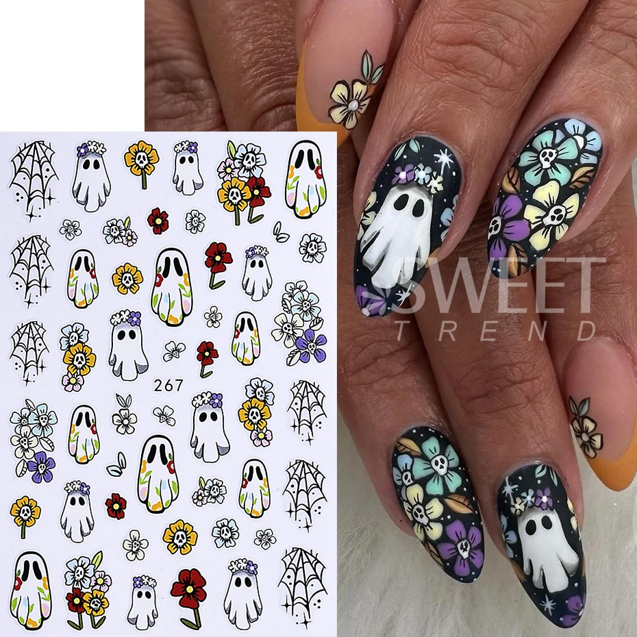 5pcs Halloween Pumpkin Nail Stickers Self Adhesive Cute Cartoon Ghost Spider Cat Design Nail Decals Silder Manicure Decoration