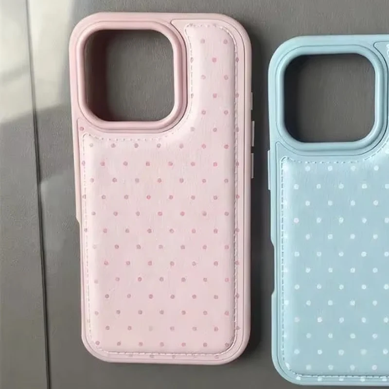 Korean Blue and Pink Polka Dots Shockproof Leather Phone Case