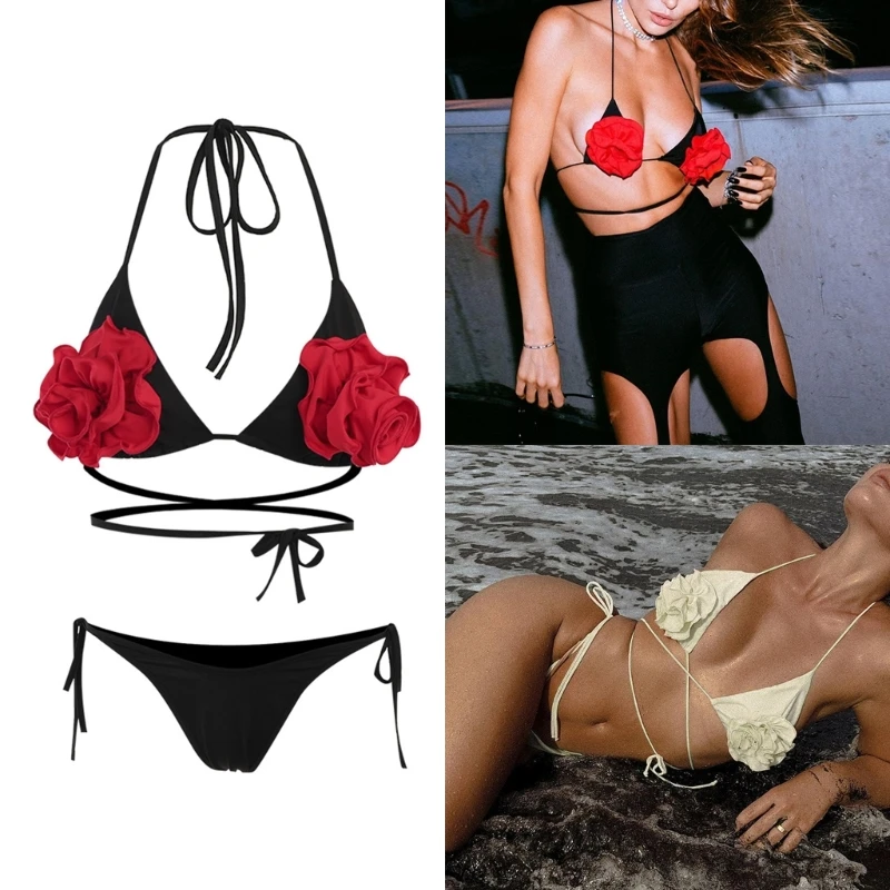

Женский треугольный комплект бикини, комплект боковых стрингов, купальный костюм из двух предметов, купальный костюм с цветочным принтом, бюстгальтер с лямкой на шее, топ с трусиками-стрингами