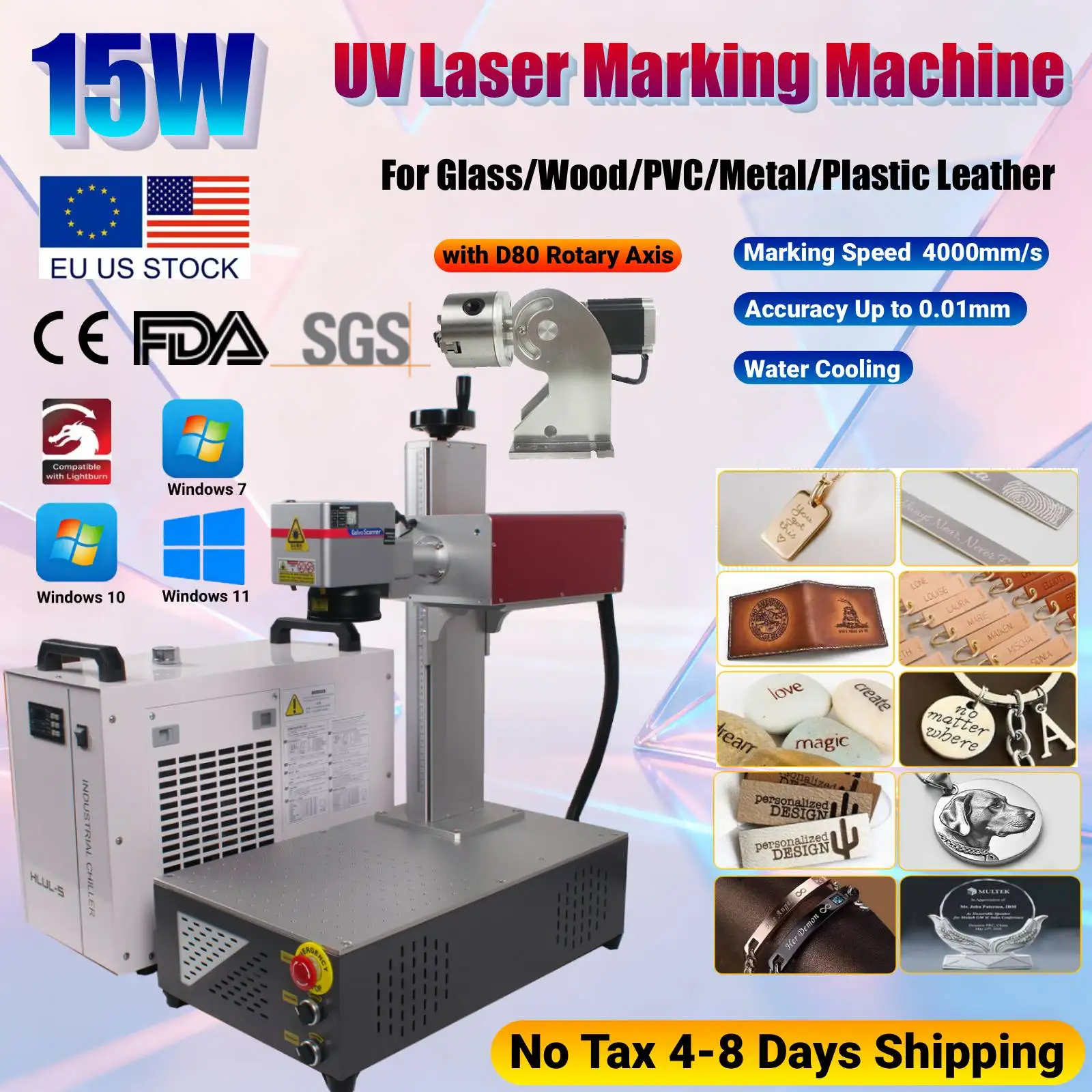 15W UV Laser Marking Engraving Machine CRS 355nm Laser Engraver Water Cooling for Glass/Wood/PVC/Metal/Plastic Leather