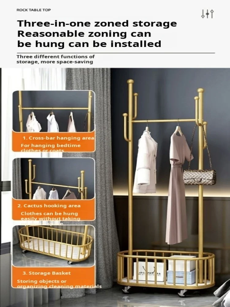 Household coat rack storage thickened floor standing clothes storage wheeled hangers Living bedroom hangers with Storage Basket