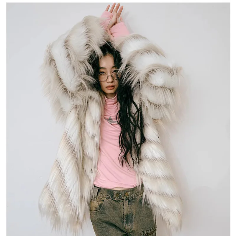 Autumn Winter Fur Coat Women Puffy Jacket Vintage Thickened Warm Windbreaker Streetwear Faux Fur Jacket Long Sleeve Outerwear