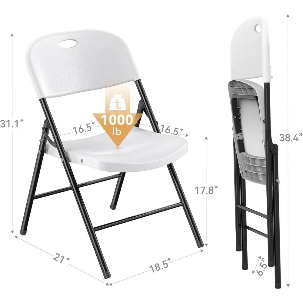 650 Weight Limit Heavy Duty Plastic Folding Chair with Reinfoced Steel Frame (White, 4 Pack), Beach Chairs 3