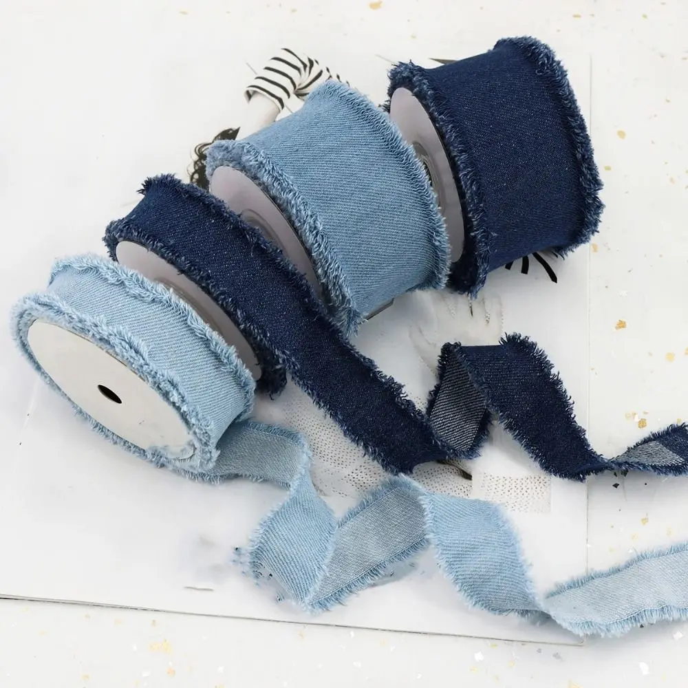데님 리본 청바지 천 원단, 수제 프린지 실크 리본, DIY 바느질 공예, 헤어클립 리본, 리본 옷, 파란색 카우보이 장식