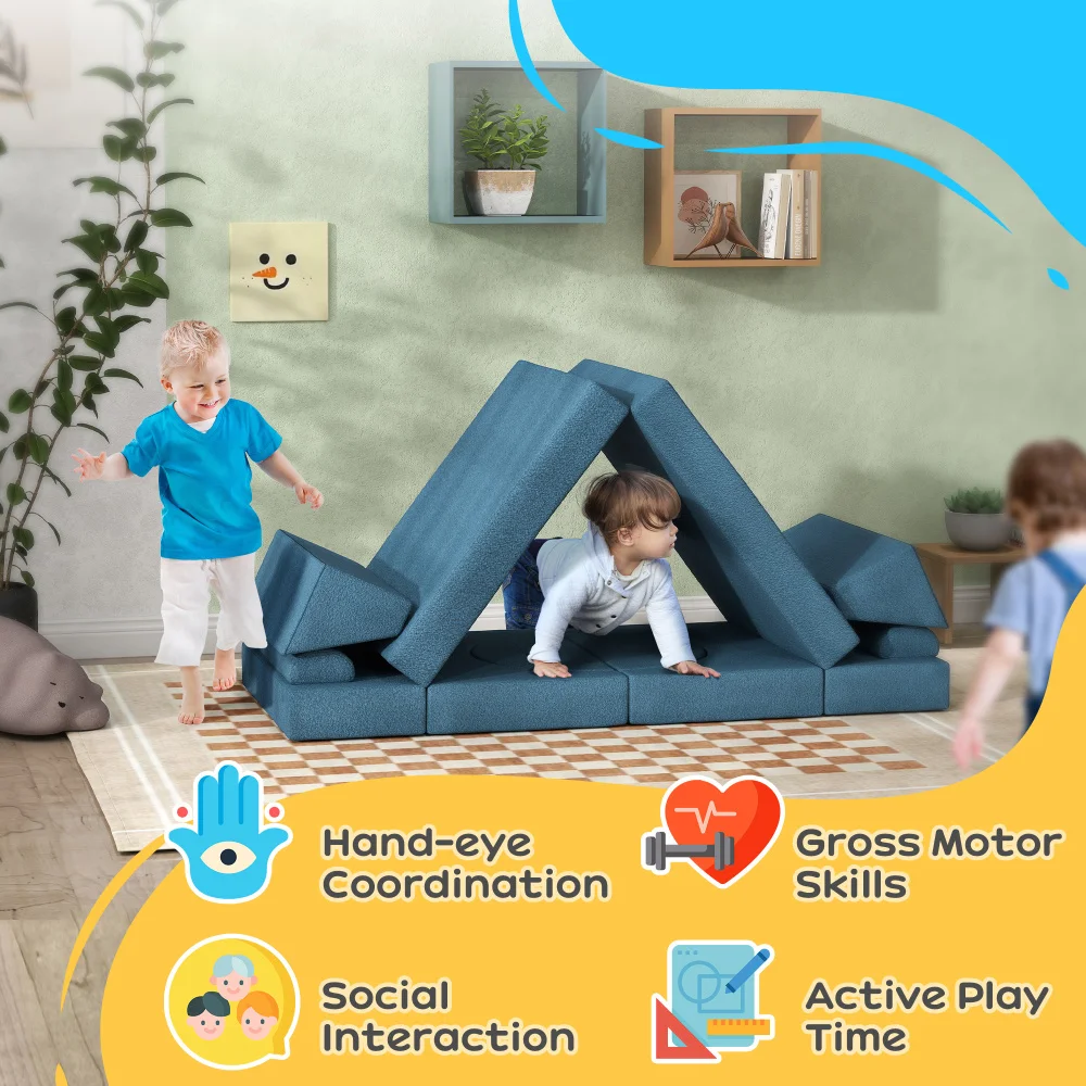 Qaba 12 Pcs Kids Modular Couch, Toddlers Couch Child Sectional Sofa, Playroom Bedroom Furniture for Boys and Girls, Blue 3