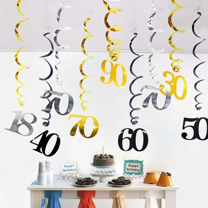 6 Pz/Lotto Buon Compleanno Swirls Decorazione 16 20 21 30 40 50 60 70 Anni Oro Rosa Pvc Decorazioni Per Feste Di Compleanno Forniture