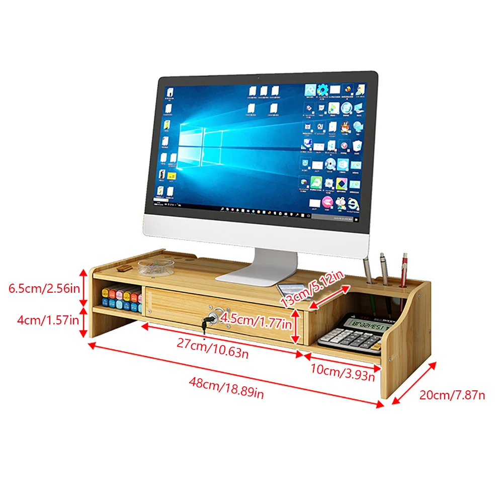 Wood Monitor Riser with Drawer Computer/Laptop/PC Stand for Desk Organizer Wooden Desk Organizer W/ Drawer File Storage Desk images - 6