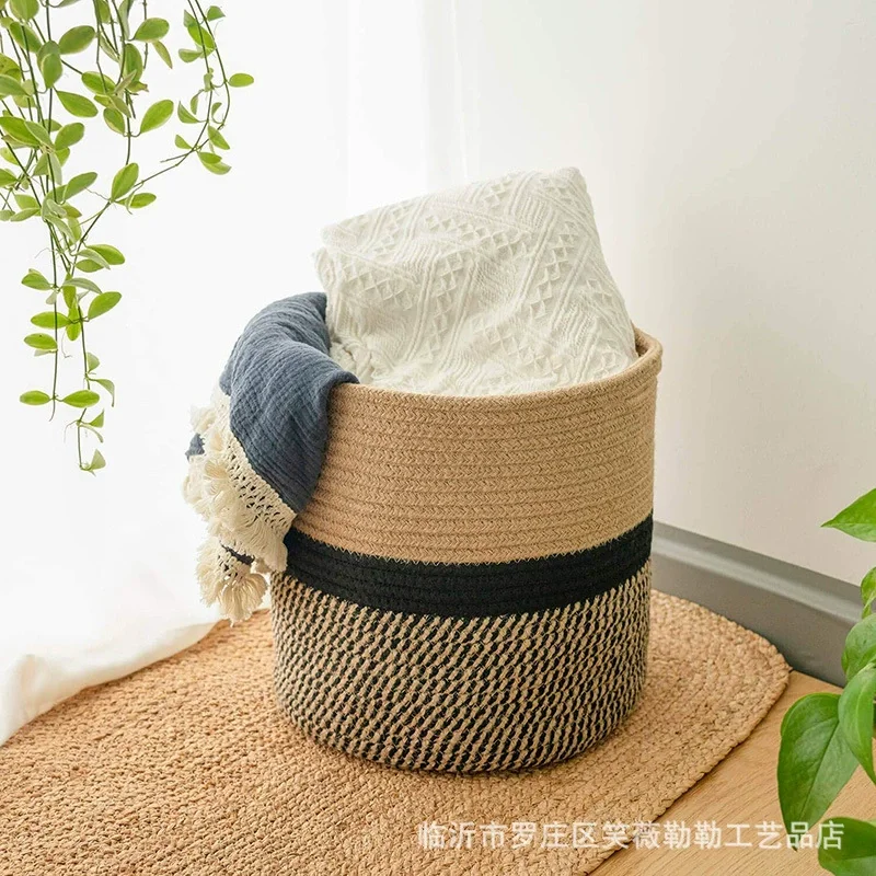 1 cotton rope storage basket, home dustproof folding bathroom dirty clothes basket, flower pot green plant storage woven