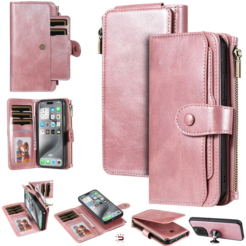 Luxury Leather Zipper Flip Wallet Case with Removable Cover