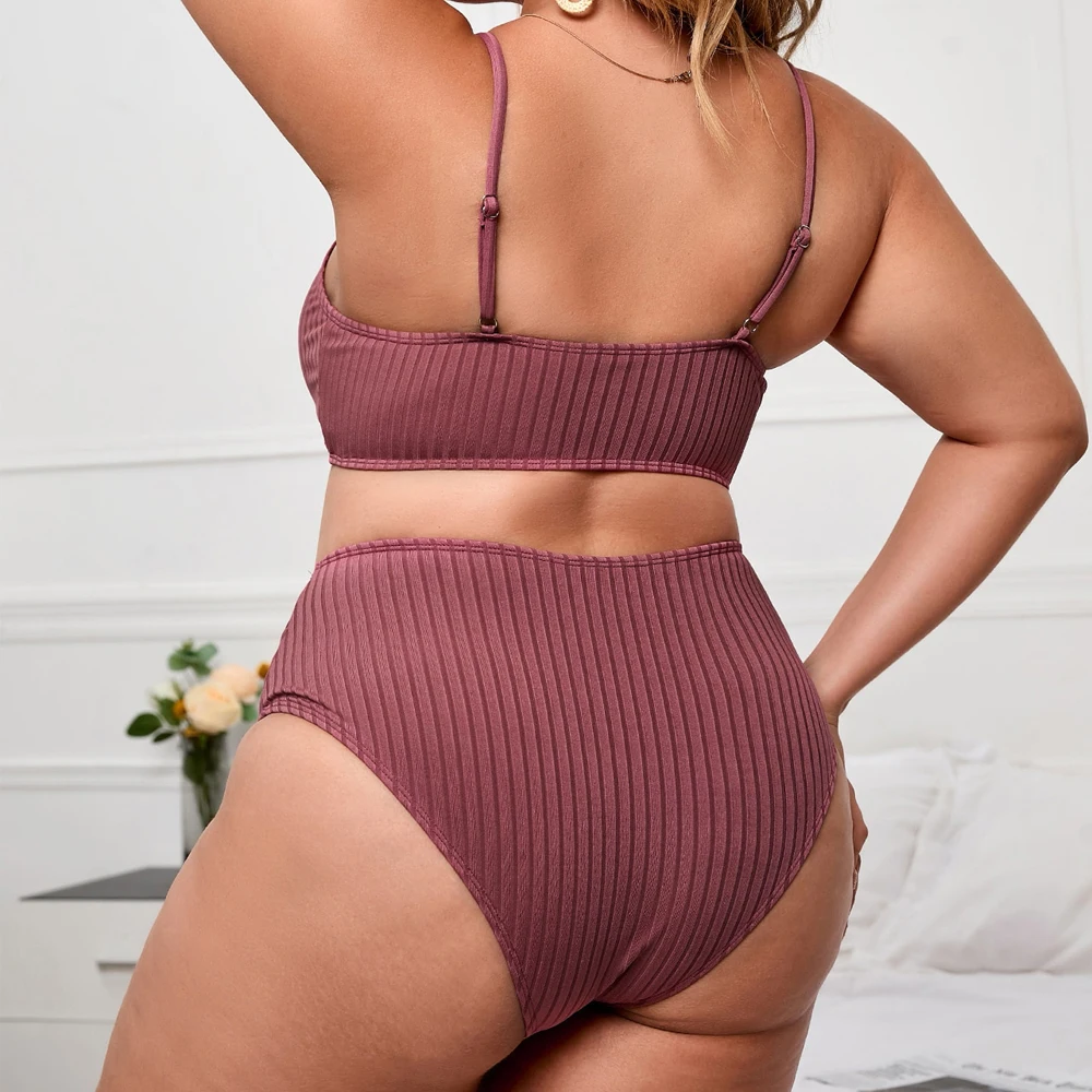 Plus Ribbed Knit O-ring Bikini Swimsuit High Waist Solid Color Summer Female Swimwear Bathing Suit Beachwear Biqui