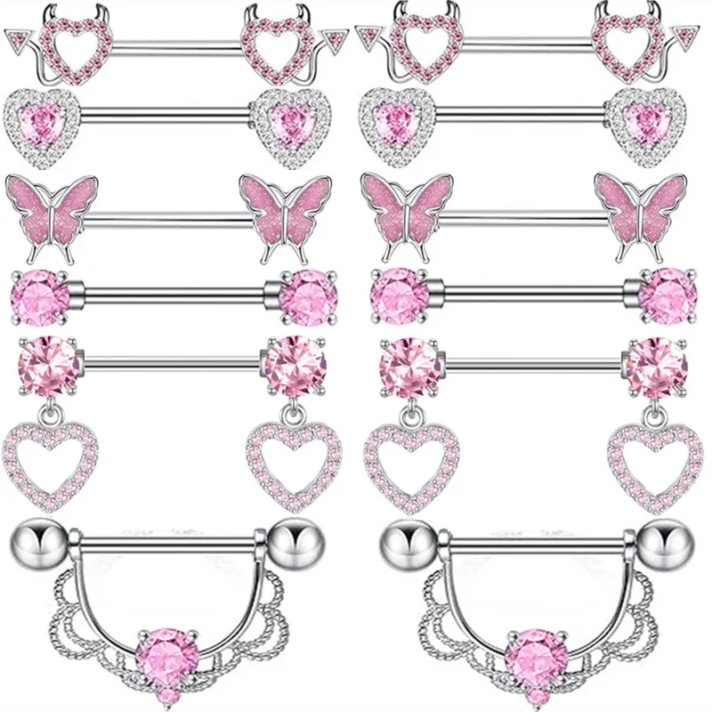 Nipple Piercing Jewelry Set Heart Crystal Nipple Rings Bulk Shiny Butterfly Barbell Dangle Piercing Pezon