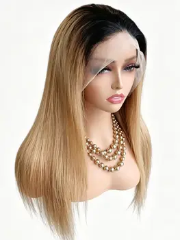 Parrucca 13x4 con pizzo 1B 27 Ombre Honey Blonde, parrucca frontale con pizzo, capelli lisci 100% umani, pre-strappata, con chiusura in pizzo trasparente QBeaut